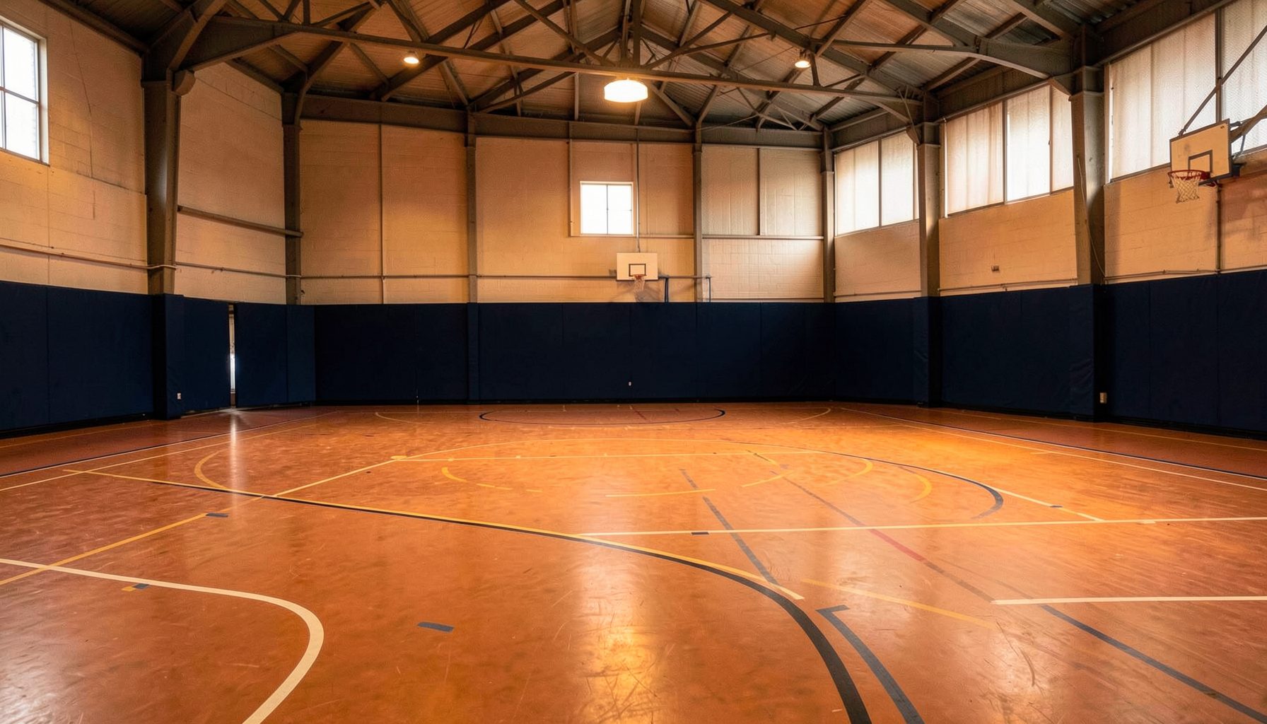 A wide atmospheric shot of an indoor sports court with warm amber and navy tones, empty and ready for action