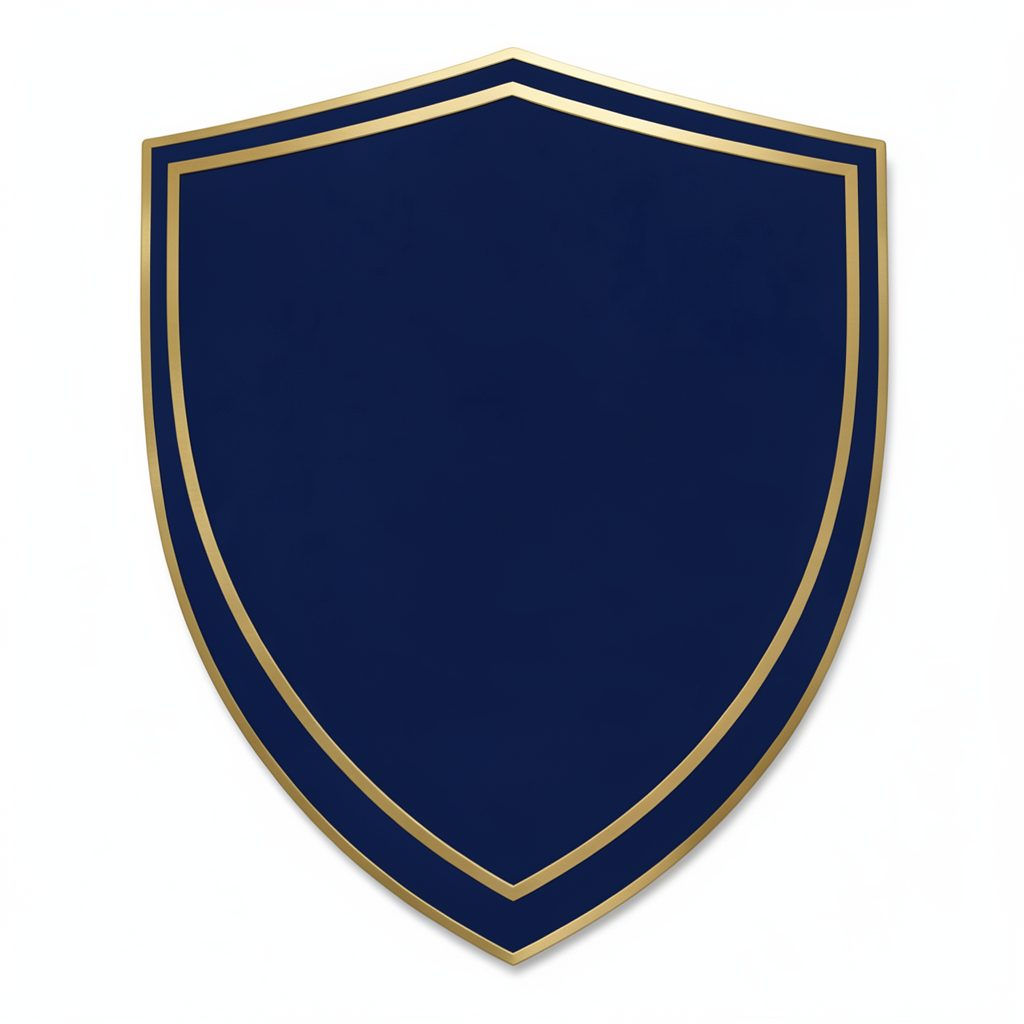 A simple shield-shaped emblem in deep navy blue with a subtle gold outline, conveying sports authority and heritage