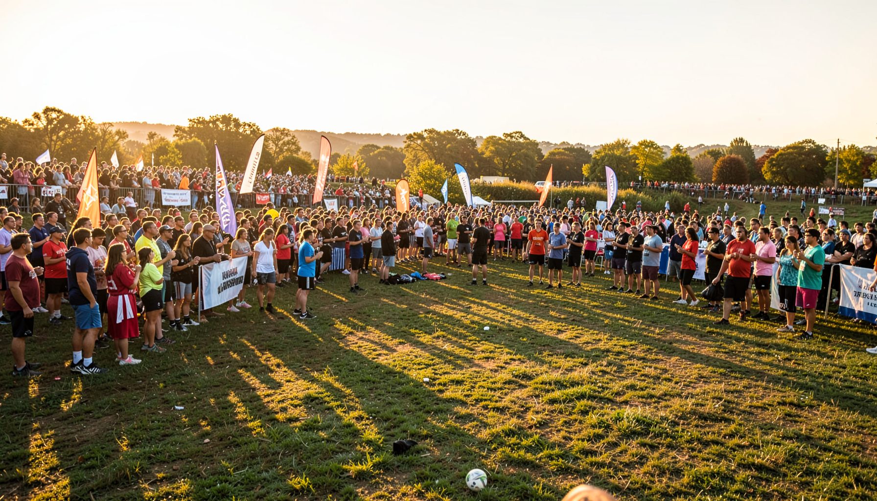 Wide-angle view of an outdoor sports gathering with banners and spectators, warm golden-hour light over a grassy field