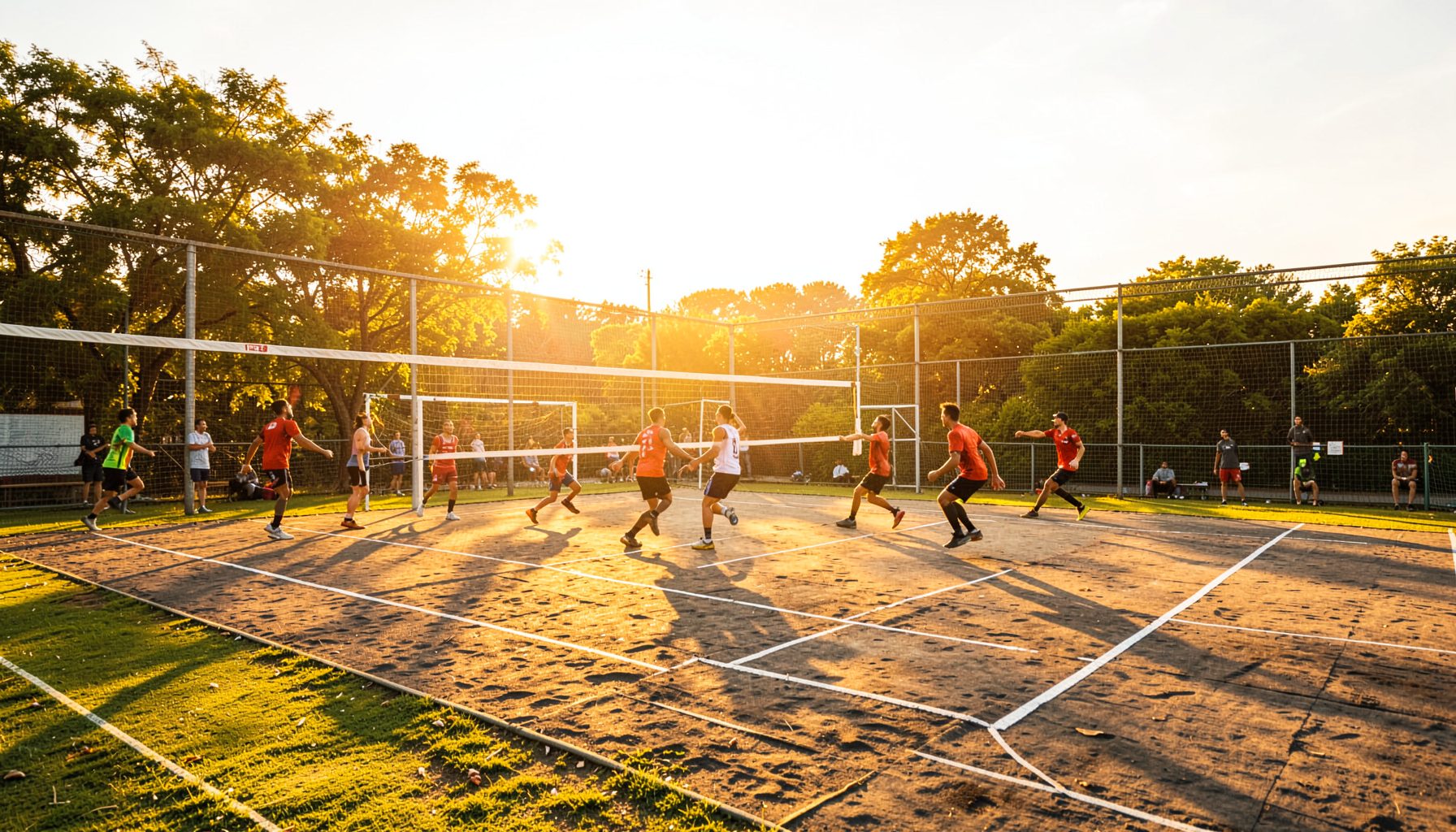 Wide view of a sunlit outdoor sports ground with a volleyball net and a kabaddi court, warm golden light, energetic atmosphere