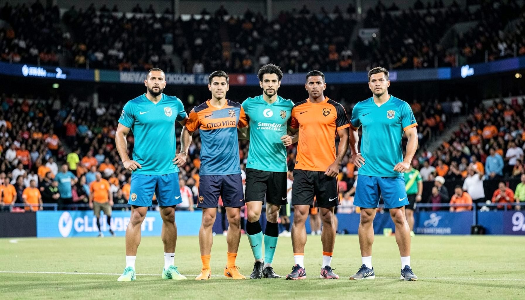 Two kabaddi teams lining up before a match, vibrant turquoise and orange jerseys against a packed arena