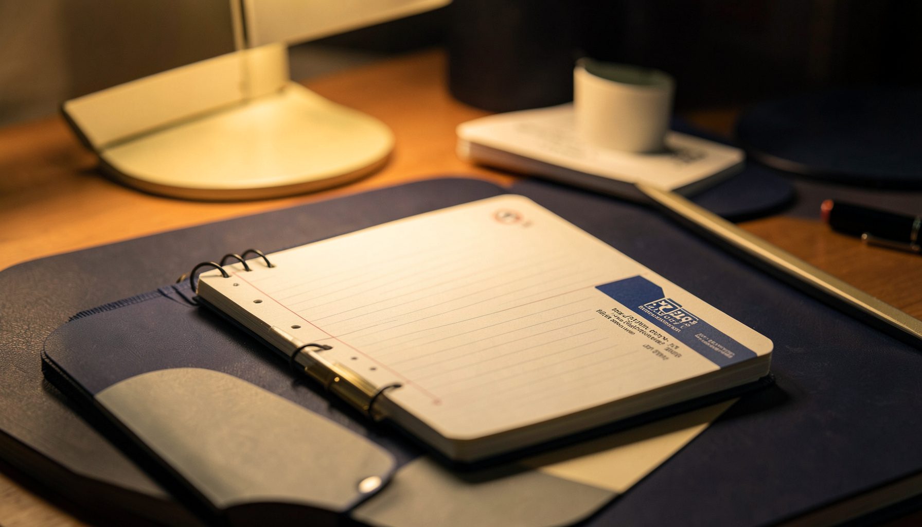 Sports journalist's notebook and press pass on a desk, warm tungsten light, navy and cream palette