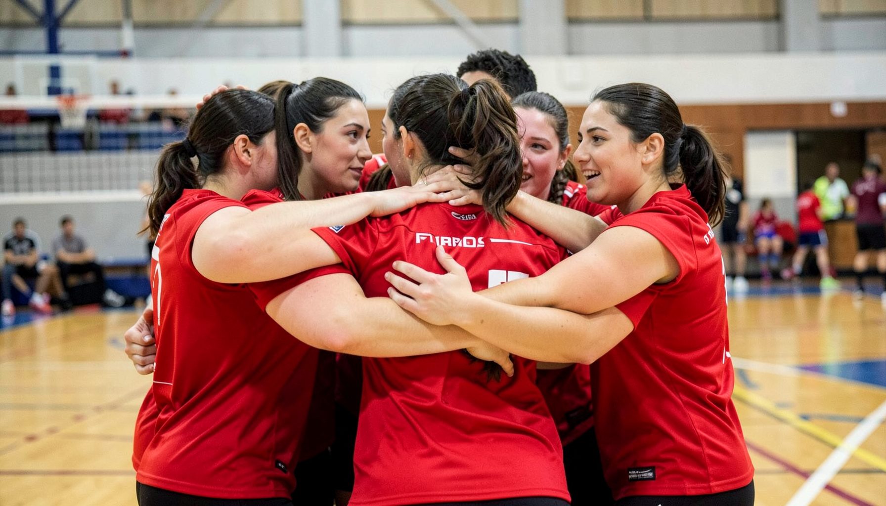Volleyball team huddle in a gymnasium, hands stacked together, wearing matching red jerseys