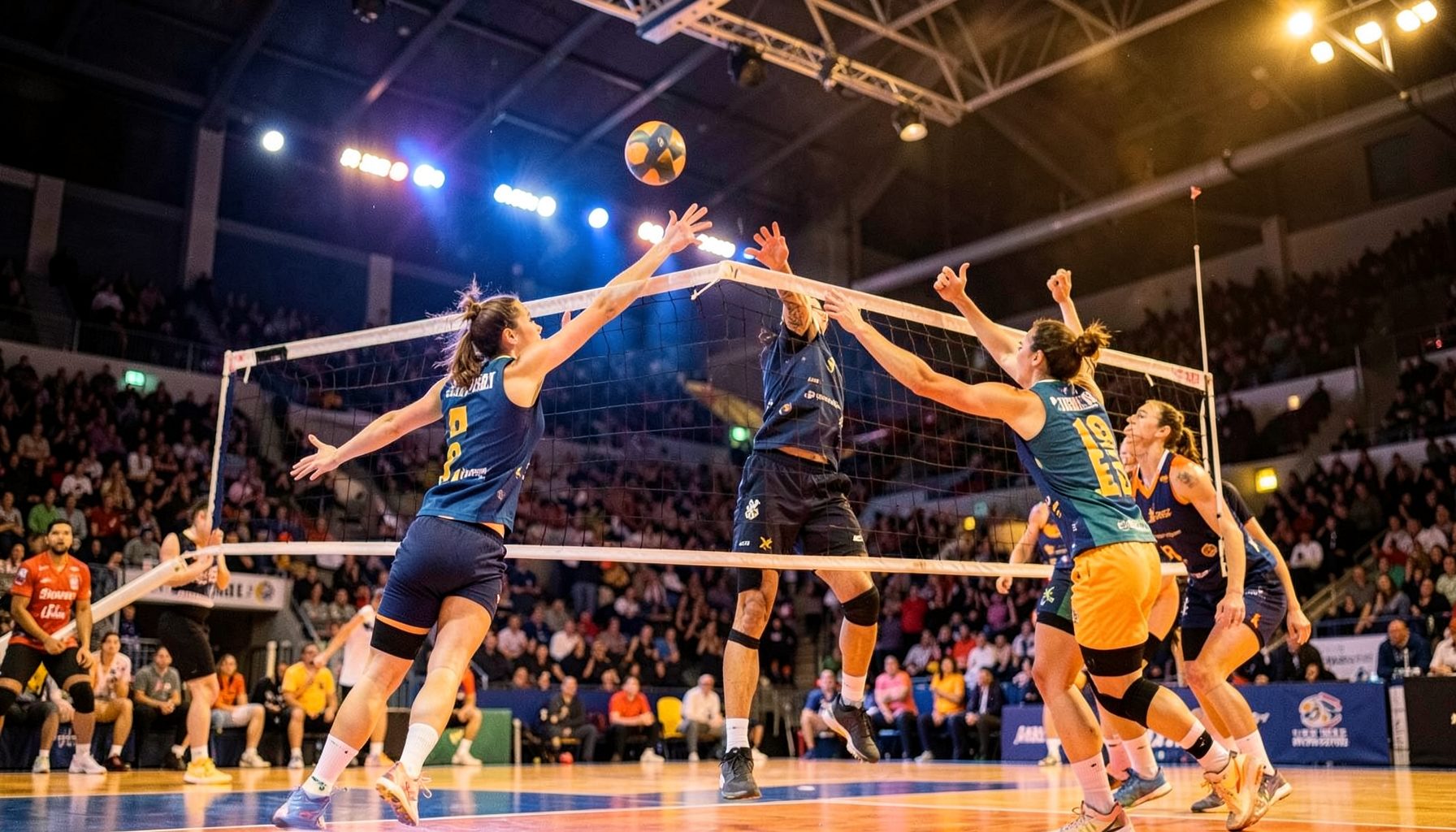 Indoor volleyball match in a packed arena under warm amber and blue lights, players at the net mid-rally