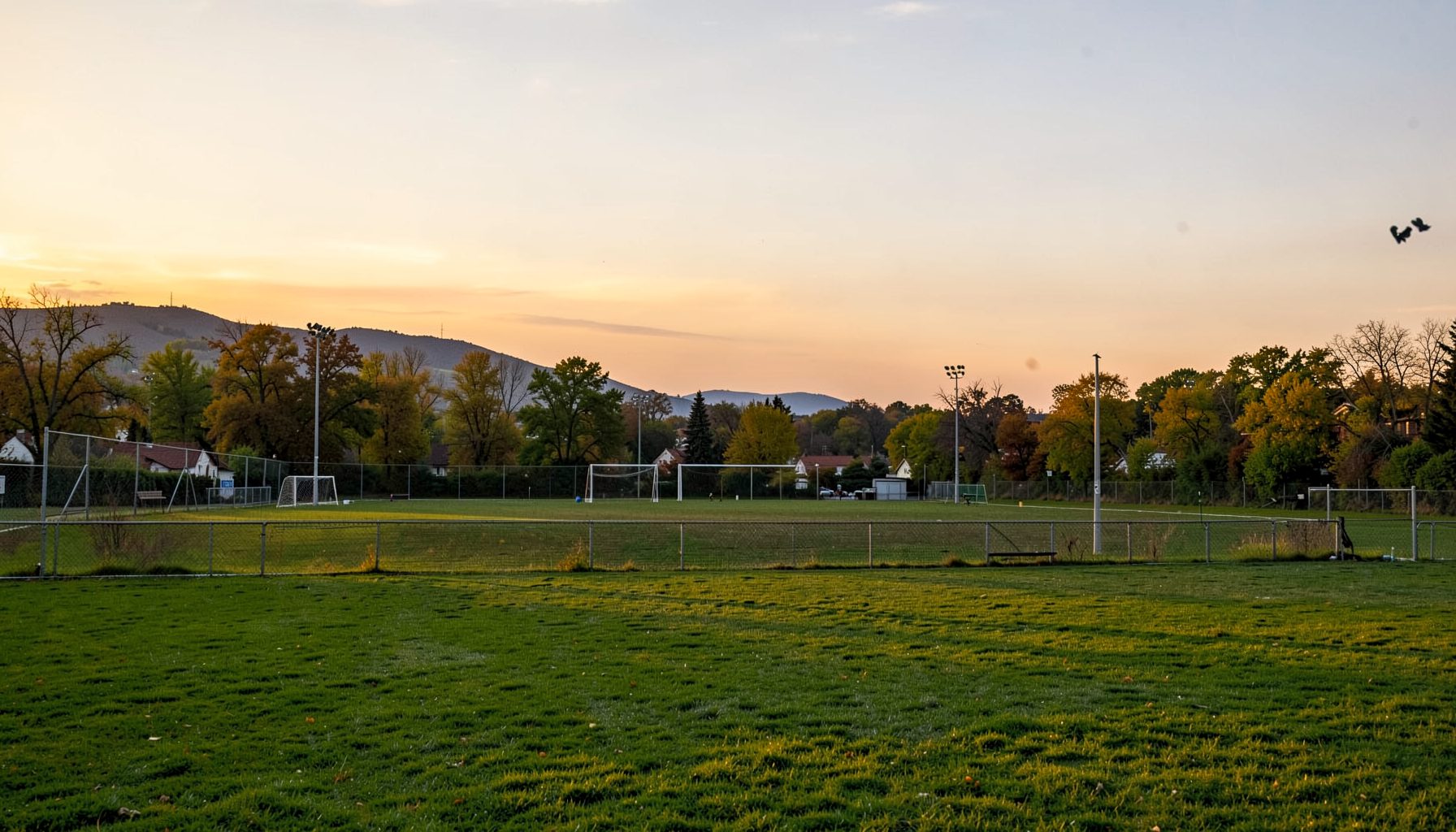 Wide-angle view of a community sports ground at dusk, warm golden light over green field, distant hills