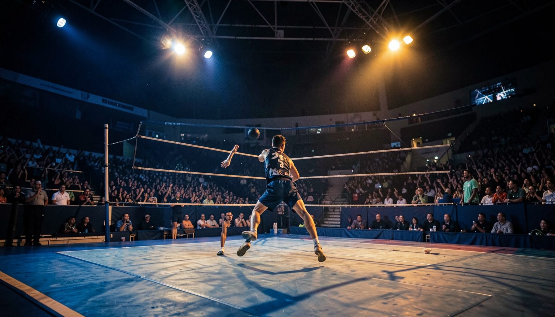 Dramatic kabaddi court under arena lights, deep blue and warm amber tones