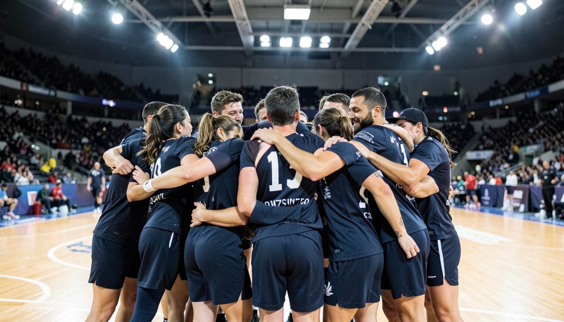 Volleyball team huddle on court, deep navy jerseys under bright white arena lights