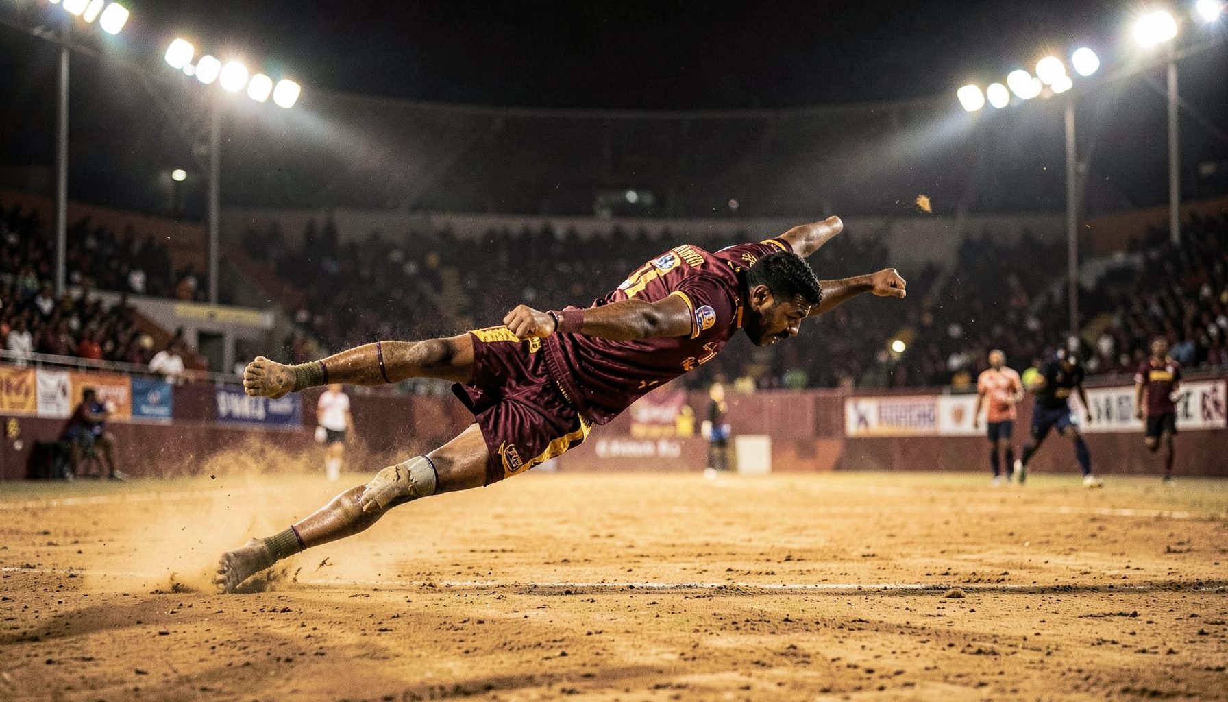 Kabaddi raider stretching across the midline, dusty court under stadium lights, rich crimson and gold